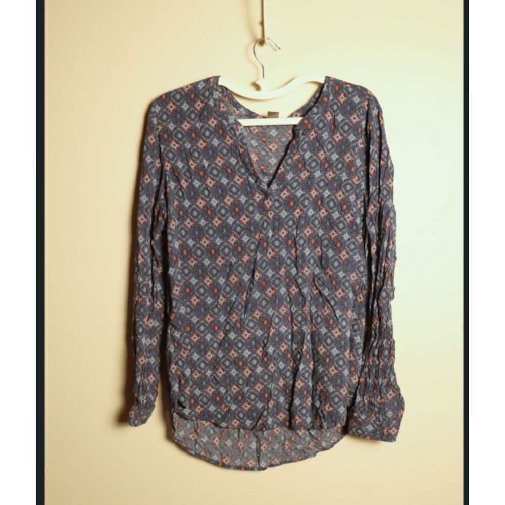 Eddie Bauer Blue Abstract Long Sleeve Tunic Top L Rayon Work Casual Blouse
